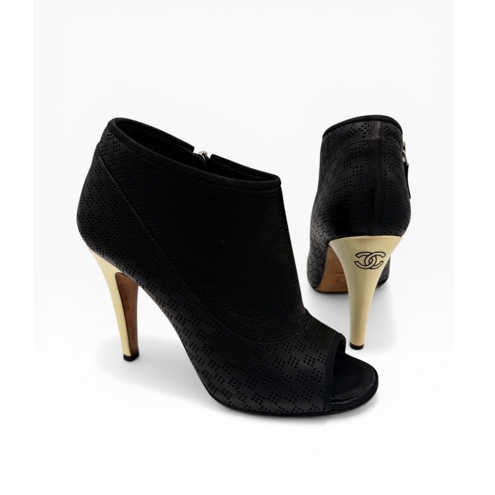 Chanel CC Heel Peep Toe Booties COA 37.5 Black Gold Perforated Leather 4" BOX